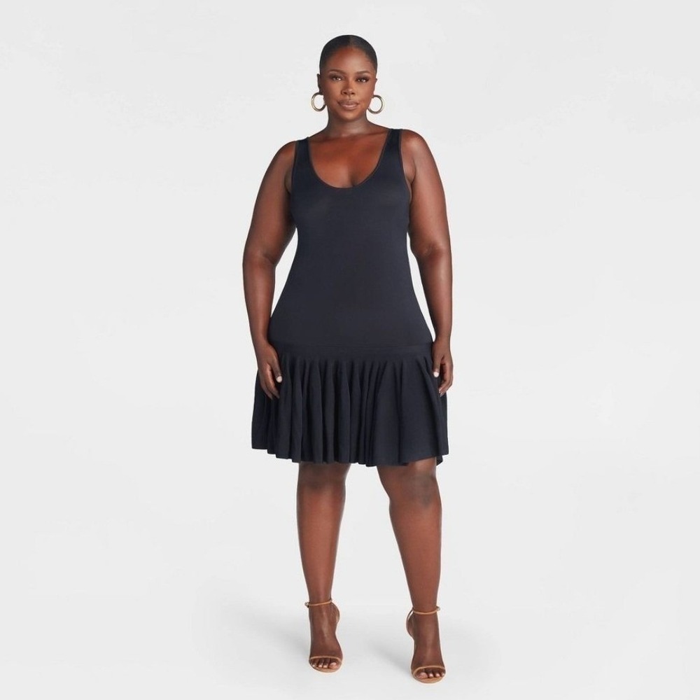 Medium KBB by Kahlana Barfield Brown Navy Blue Pleated Drop Waist Dress NWT - Picture 3 of 8